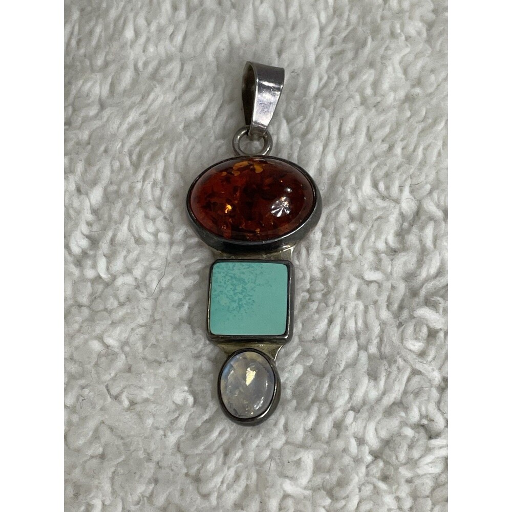 Baltic Amber Turquoise And Moonstone Pendant in Sterling 925 Large